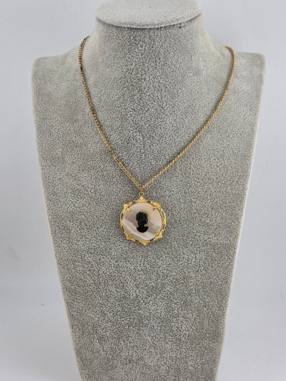 Vintage Black Cameo Pendant Mother of Pearl Gold Tone Ornate Victorian Revival